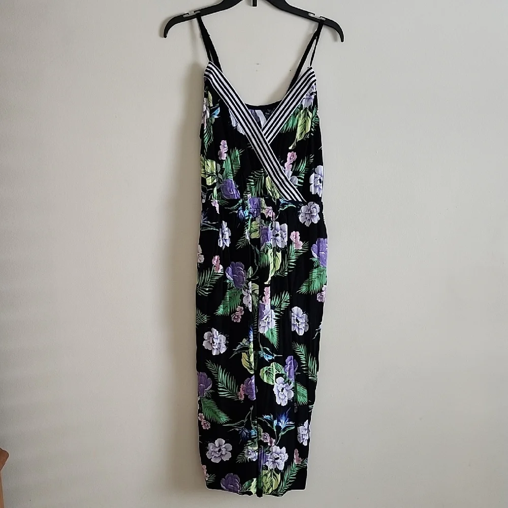 Cacique Swim Black Maxi Cropped Jumpsuit with Purple Floral Design Sz 14/16